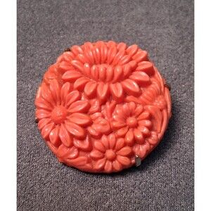 Carved Coral Glass Flowers Brooch Vintage Pin